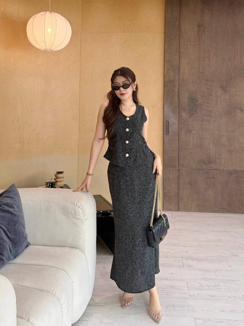 Classy Button Down Peplum Tops With A-Line Skirts Sets